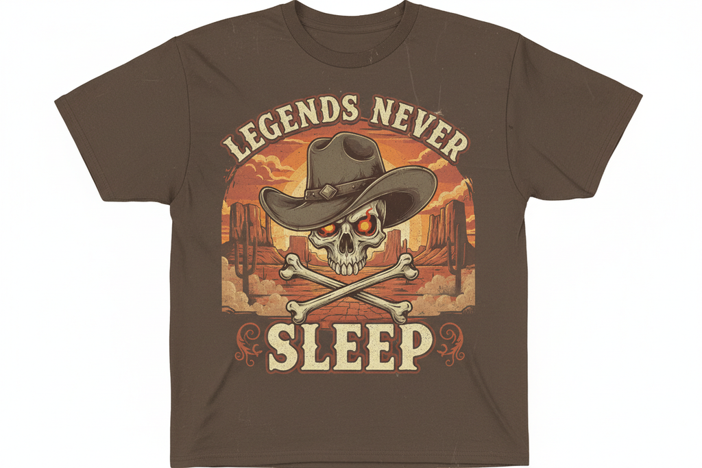 Legends Never Sleep wild west outlaw cowboy skull graphic tee