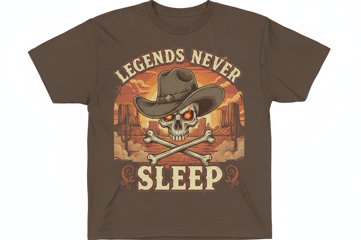 Legends Never Sleep wild west outlaw cowboy skull graphic tee