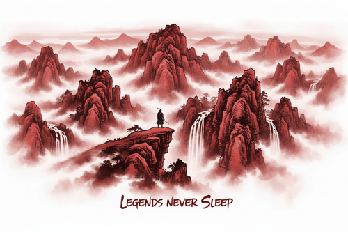 Legends Never Sleep ink wash landscape deep crimson