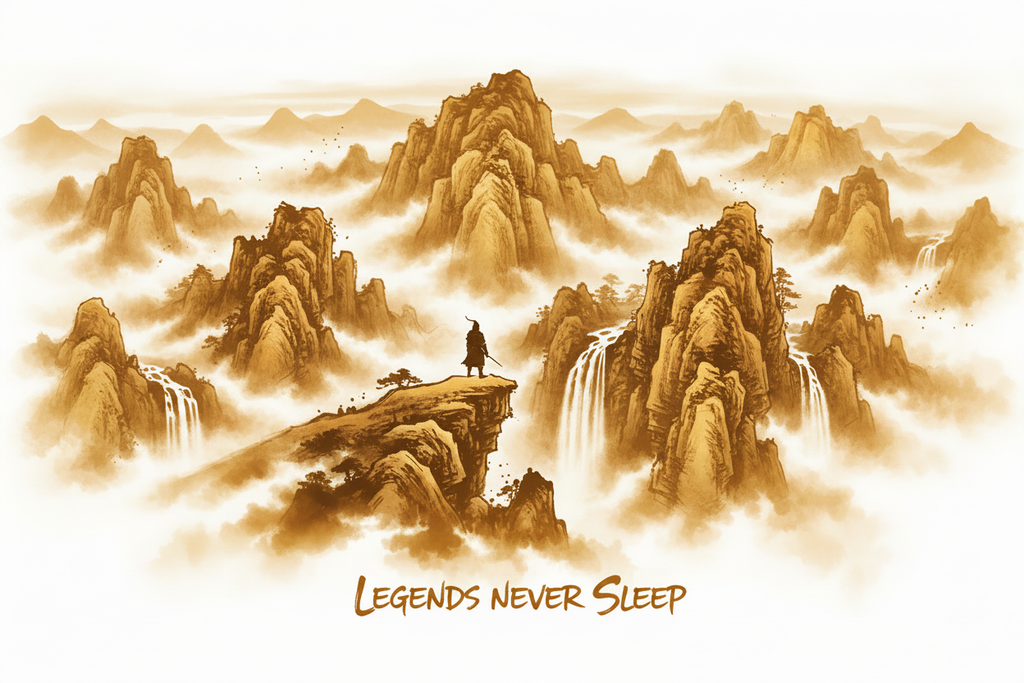 Legends Never Sleep ink wash landscape golden amber