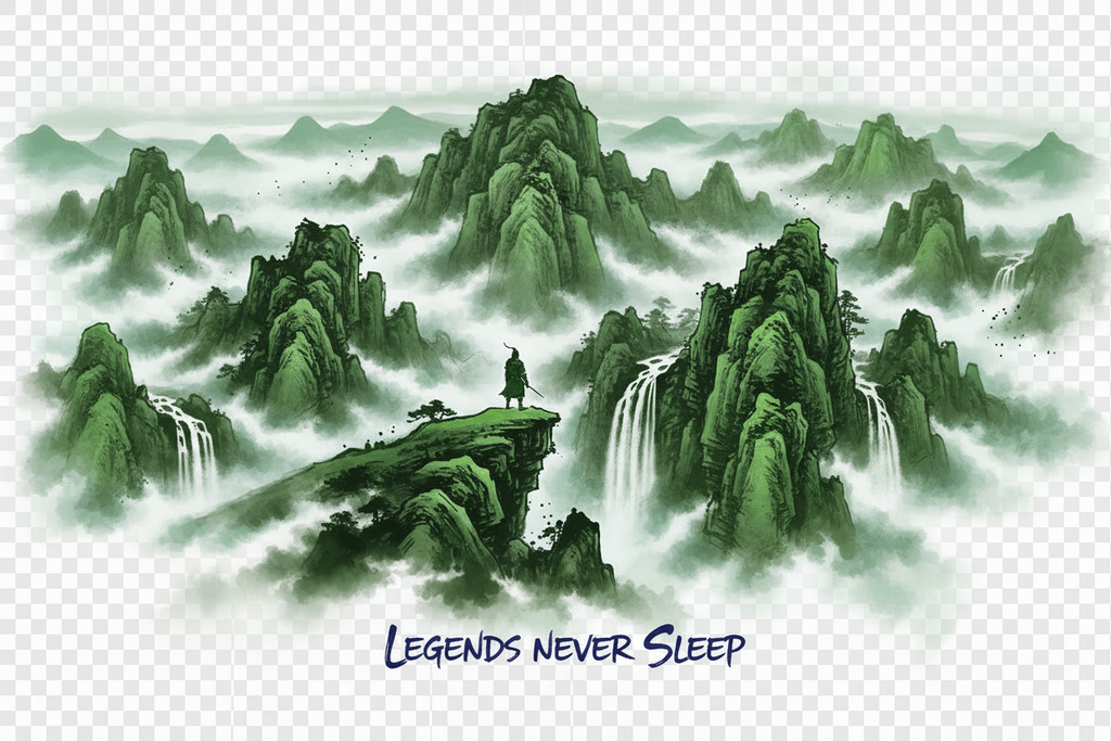 Legends Never Sleep ink wash landscape forest green jade