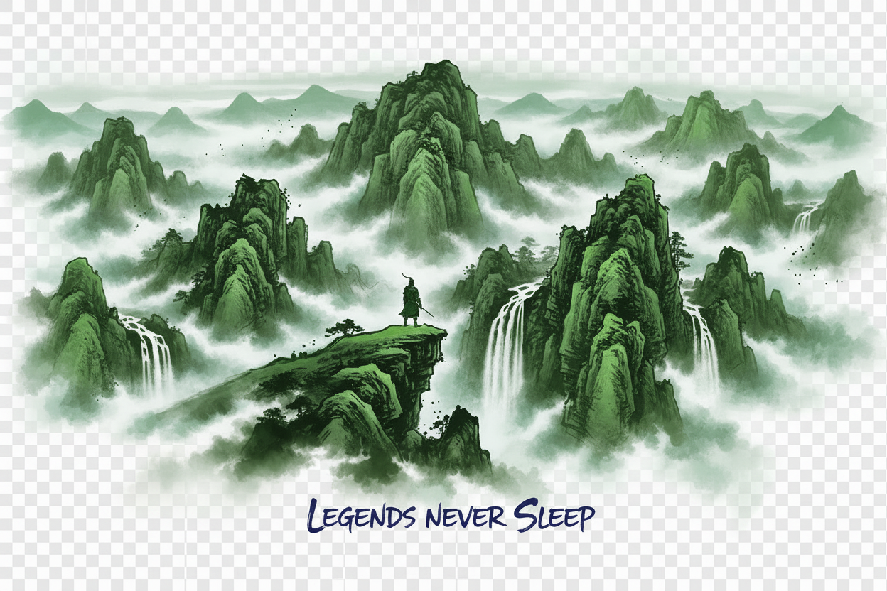 Legends Never Sleep ink wash landscape forest green jade